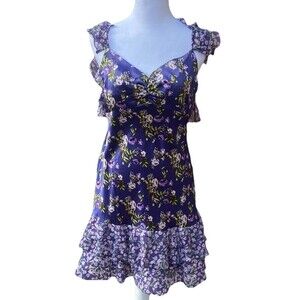 Forever 21 Floral Mini Tiered Satin Dress Size Large Butterfly Sleeves NWT Blue